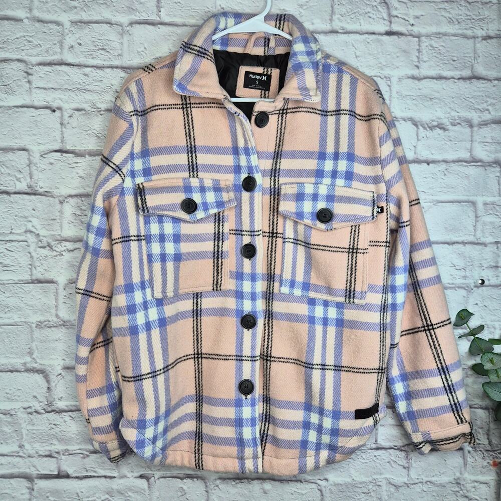 Hurley Womens Plaid Fleece Shacket Jacket Pastel Pink Purple Button Front Cozy S